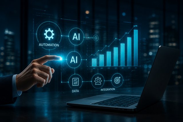 A laptop surrounded by automation, AI and data-integration icons