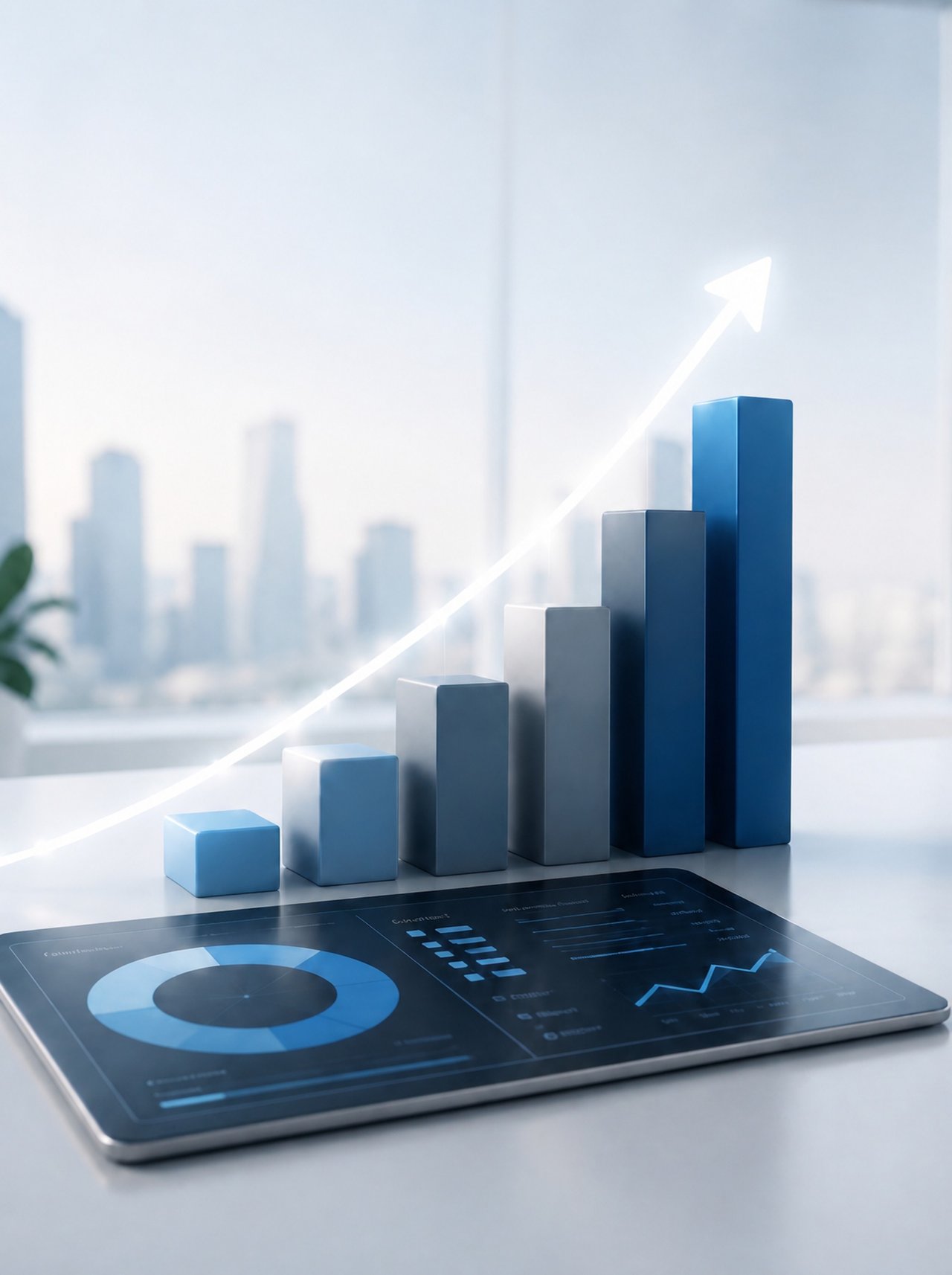 Rising blue bar chart and upward arrow on a tablet in a bright office