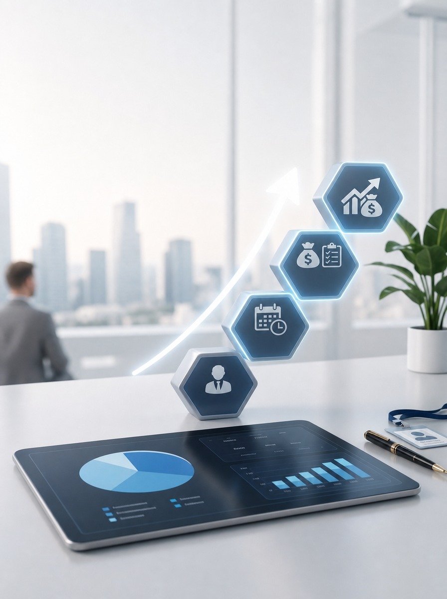 Rising Core HR, time and attendance, and payroll hex steps with an upward arrow on a tablet in a bright office