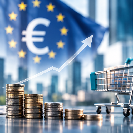 Euro coins in front of the European flag, a rising chart, and a shopping cart