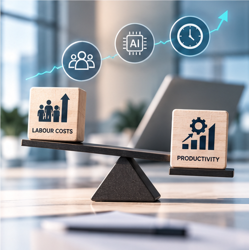Labour costs against productivity, with artificial intelligence and time