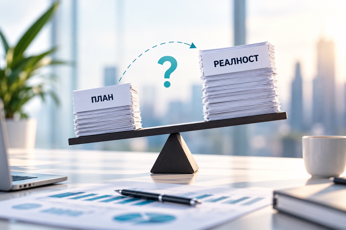A balance scale where reality outweighs the plan
